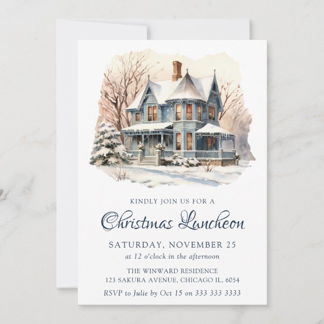 Invitation Aquarelle Hiver Snowy Scene Déjeuner de Noël (Devant)