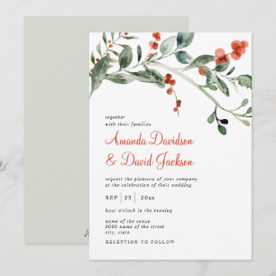 Invitation Aquarelle hiver verdure et Mariage de baies rouges