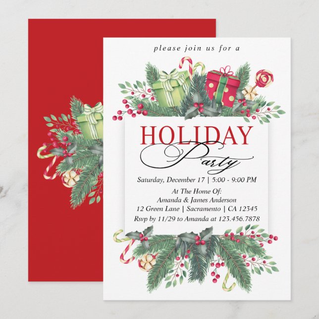 Invitation Aquarelle hiver verdure Fête de vacances (Devant / Derrière)