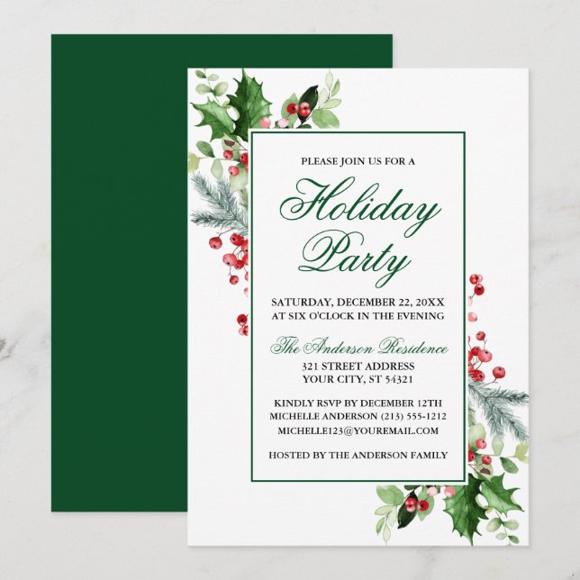 Invitation Aquarelle hiver verdure Holly Fête de vacances (Devant / Derrière)
