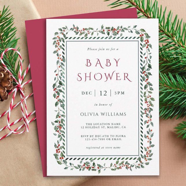 Invitation Aquarelle Holly Berry Frame Baby shower (Créateur téléchargé)