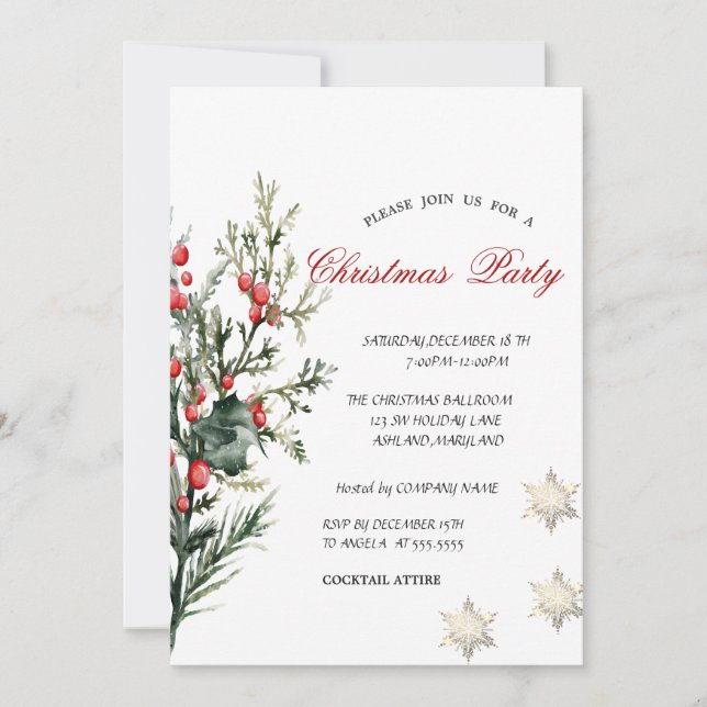 Invitation Aquarelle Holly Berry Greenery Company Noël (Devant)