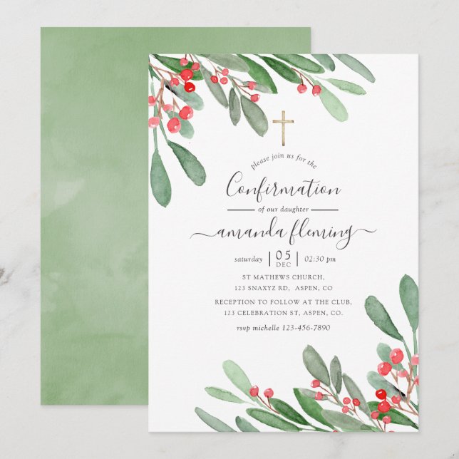Invitation Aquarelle Holly Jolly Confirmation de Noël (Devant / Derrière)