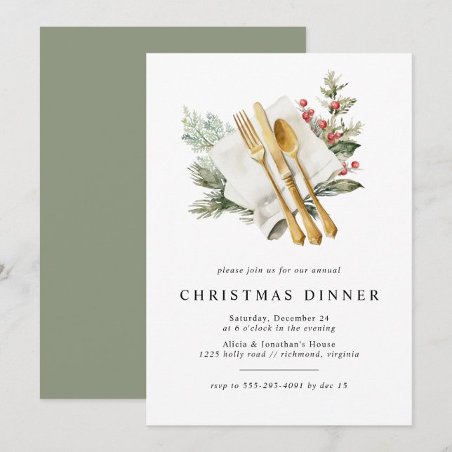 Invitation Aquarelle Holly Rustic Green Dîner de Noël (Devant / Derrière)
