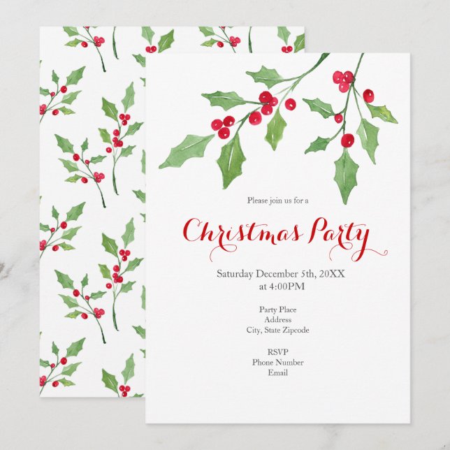 Invitation Aquarelle Holly Sprigs et Motif (Devant / Derrière)