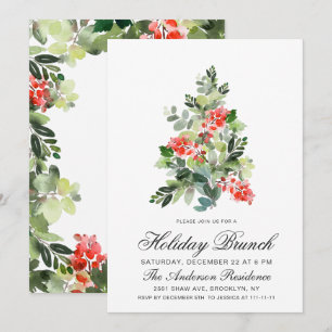 Invitation Aquarelle Holly Tree Noël Brunch