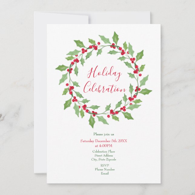 Invitation Aquarelle Holly Wreath (Devant)
