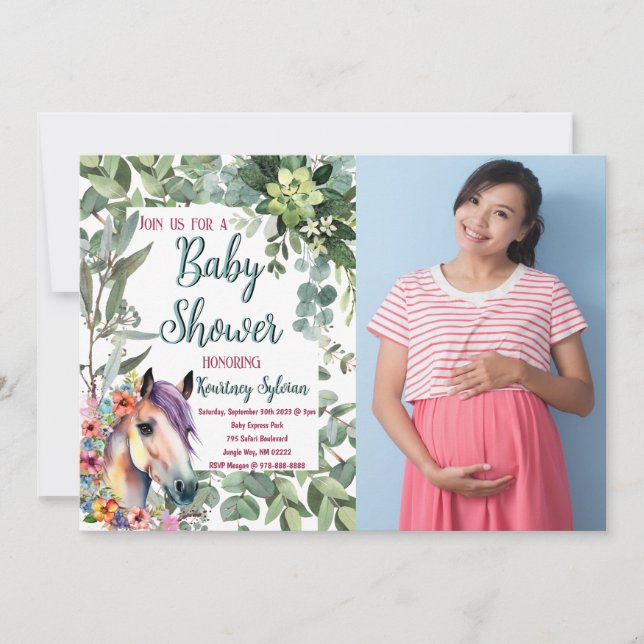 Invitation Aquarelle Horse Floral Baby shower photo personnal (Devant)