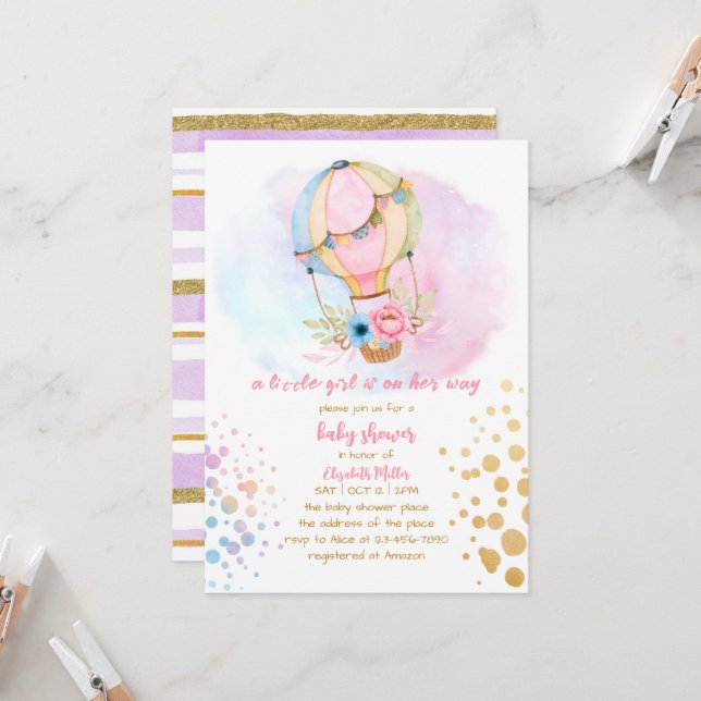 Invitation Aquarelle Hot Air Balloon Baby Girl Douche (Devant/Arrière en situation)
