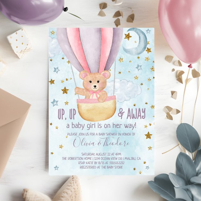 Invitation Aquarelle Hot Air Balloon Ours Girl Baby shower (Créateur téléchargé)