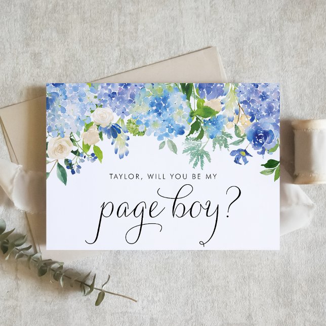 Invitation Aquarelle Hydrangea Bleue Veux-tu être mon garçon  (Blue hydrangea and white rose page boy card with greenery accents for romantic floral weddings.)