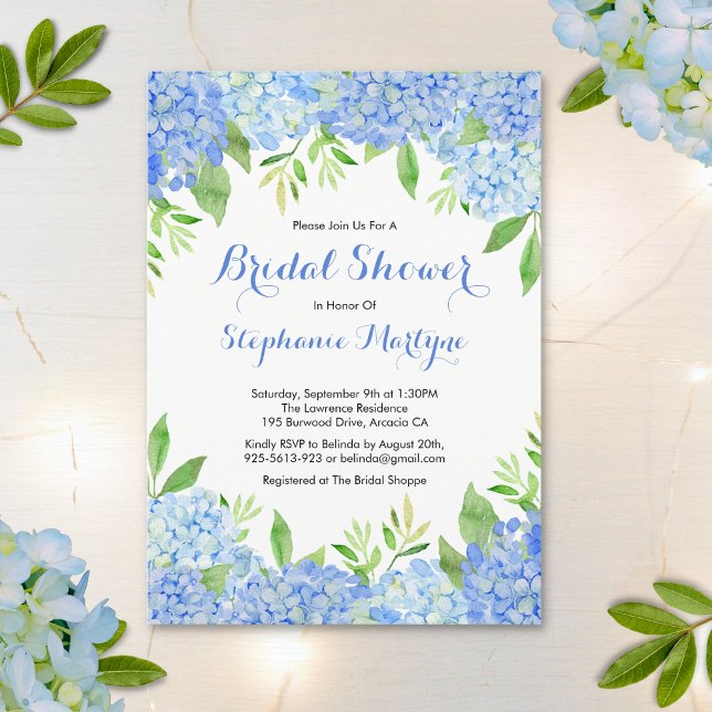 Invitation Aquarelle Hydrangea Blue Floral Fête des mariées (Créateur téléchargé)