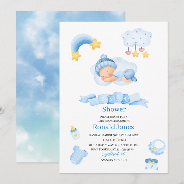 Invitation Aquarelle il est garçon Bleu Boho Nursery Baby Sho (Devant / Derrière)