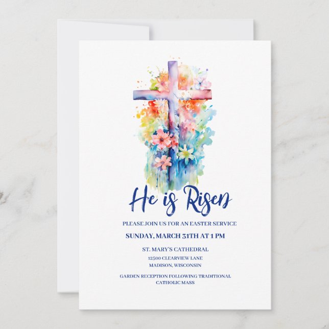 Invitation Aquarelle Il est ressuscité Religieux Pâques Flora (Devant)