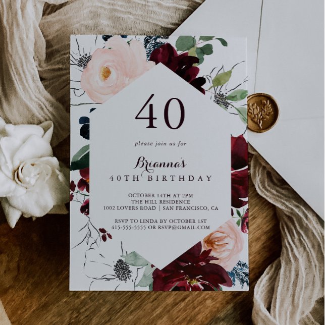 Invitation Aquarelle Illustré Floral 40e fête d'anniversaire (Créateur téléchargé)