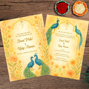 Invitation Aquarelle indienne hindoue Mariage de paon