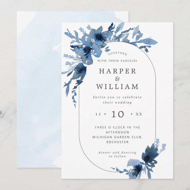 Invitation Aquarelle indigo bleu floral oblong cadre (Devant / Derrière)