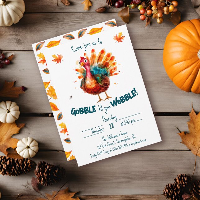 Invitation Aquarelle irrégulière Turquie Thanksgiving (Watercolor "Gobble til you Wobble" invitation with fall leaves and white background)