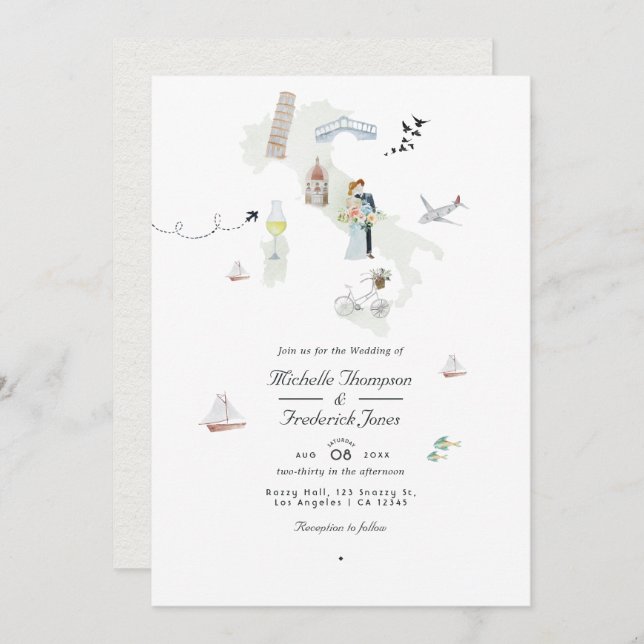 Invitation Aquarelle Italien QR Code Destination Mariage (Devant / Derrière)