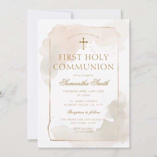 Invitation Aquarelle ivoire Croix d'or Première communion sai (Devant)