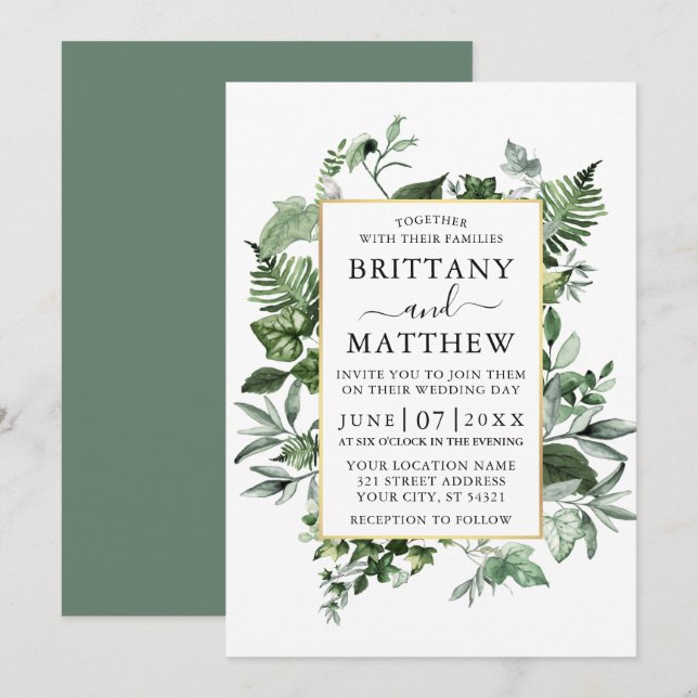 Invitation Aquarelle Ivy Ferns Sage Green Gold Mariage (Devant / Derrière)