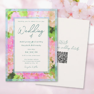 Invitation Aquarelle Jardin d'hortensia rose Code QR Mariage