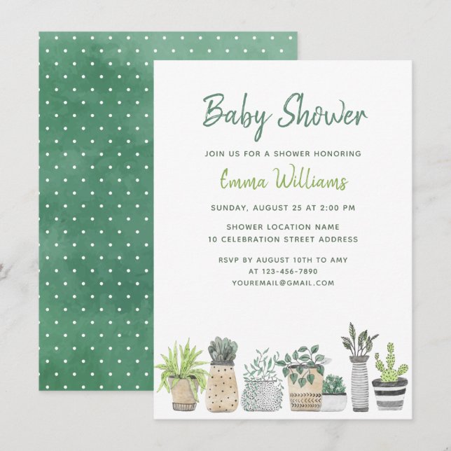 Invitation Aquarelle Jardin Vert Plante Baby shower Floral (Devant / Derrière)