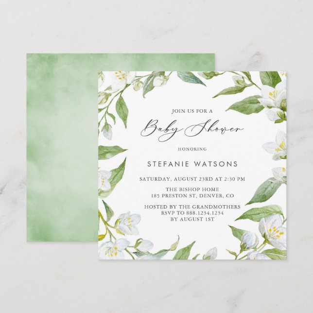 Invitation Aquarelle Jasmine et Baby shower floral verdoyant (Devant / Derrière)