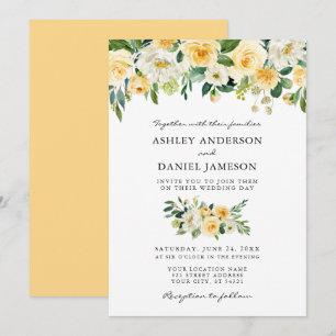 Invitation Aquarelle Jaune Blanc Floral Élégant Mariage