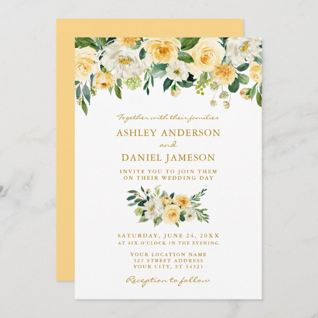 Invitation Aquarelle Jaune Blanc Floral Mariage Or (Devant / Derrière)