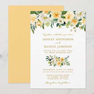 Invitation Aquarelle Jaune Blanc Floral Mariage Or