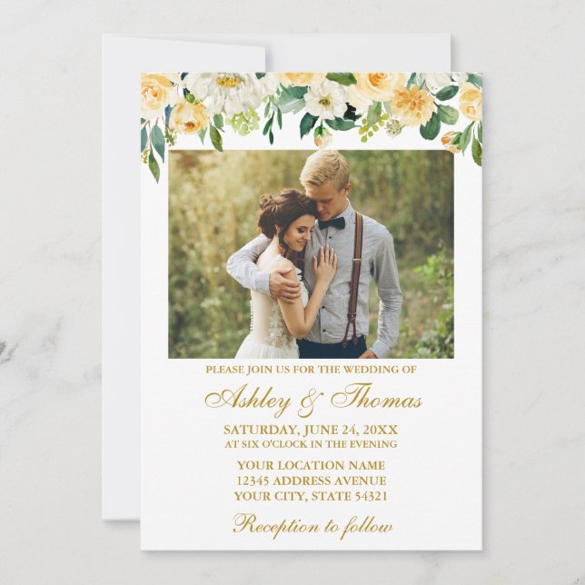 Invitation Aquarelle Jaune Blanc Floral Photo Mariage Or (Devant)