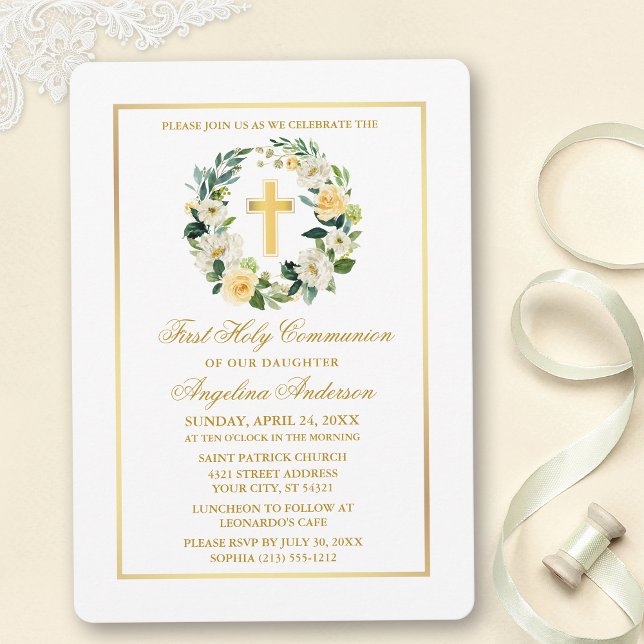Invitation Aquarelle Jaune Blanc Floral Wreath Communion (Customize to change text color, size, style or to add photos or more text to back of card.)