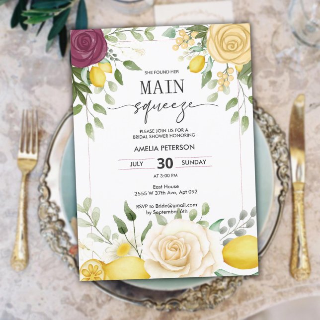 Invitation Aquarelle jaune Citron Fête des mariées principale (Yellow Watercolor Lemon Bridal Shower Main Squeeze Invitation)