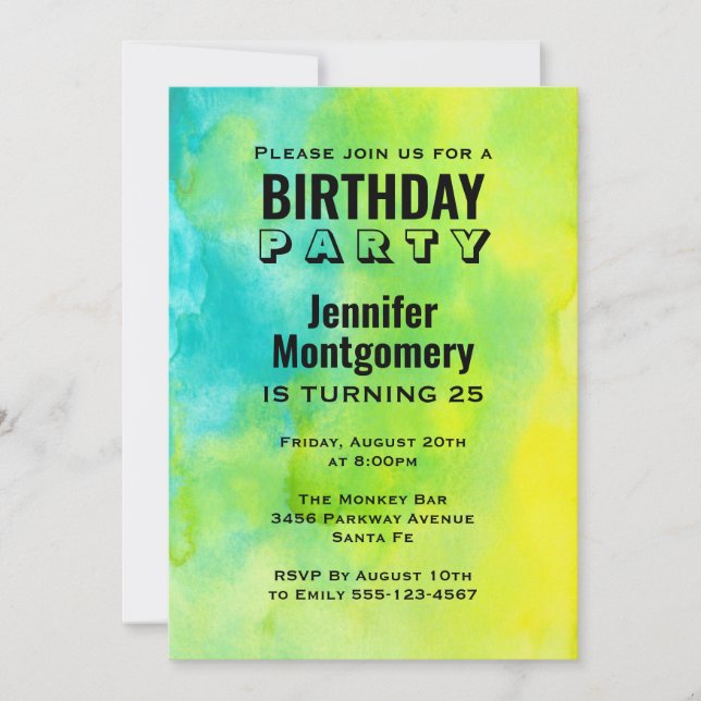 Invitation Aquarelle Jaune et Bleu amusant Anniversaire Abstr (Devant)