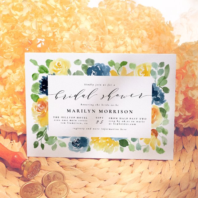 Invitation Aquarelle jaune et bleu Fête des mariées florale (Créateur téléchargé)