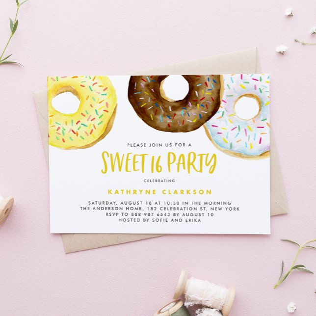 Invitation Aquarelle Jaune et chocolat Donuts Sweet 16 (Créateur téléchargé)
