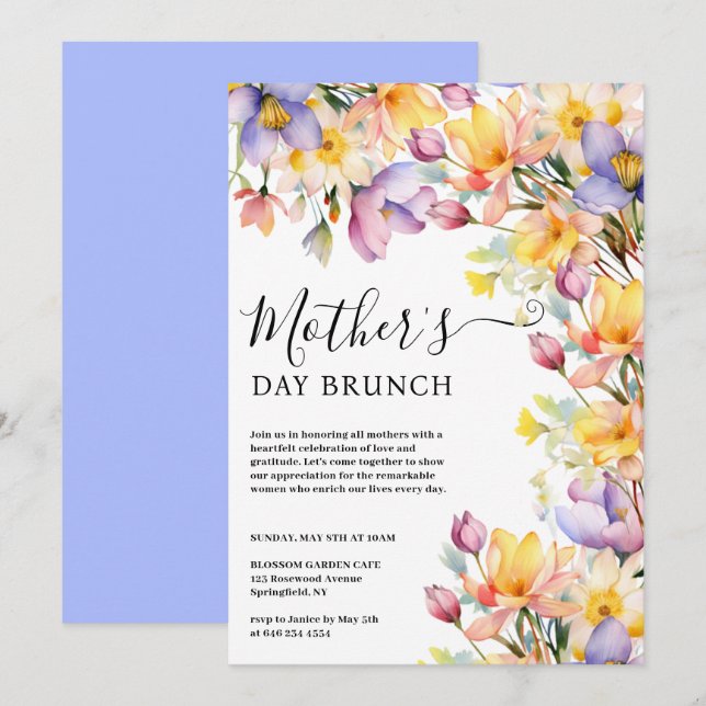 Invitation Aquarelle Jaune Fleurs de Perches Fête des Mères (Devant / Derrière)