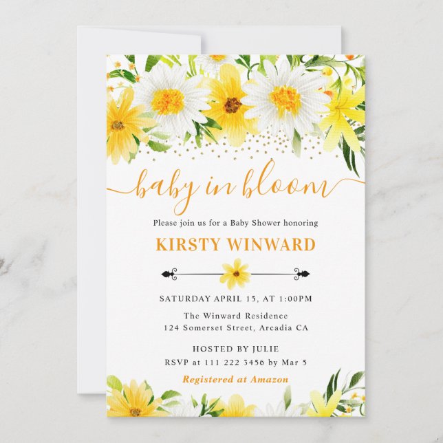 Invitation Aquarelle Jaune Fleurs d'été Baby shower (Devant)