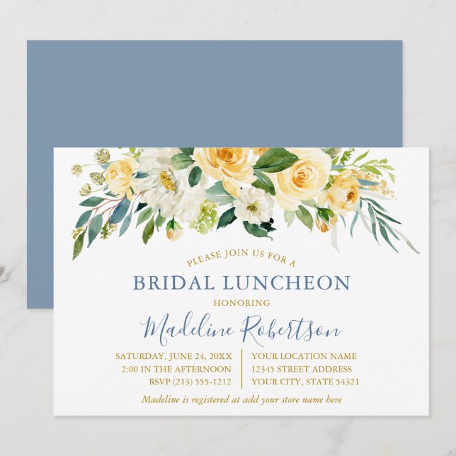 Invitation Aquarelle Jaune Floral Bleu Or Bridal Déjeuner (Devant / Derrière)