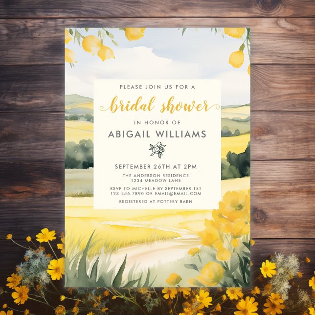 Invitation Aquarelle Jaune Floral Campagne Fête des mariées (Créateur téléchargé)