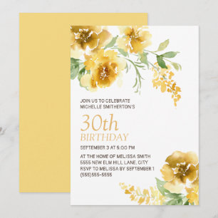 Invitation Aquarelle jaune Floral femmes 30e anniversaire