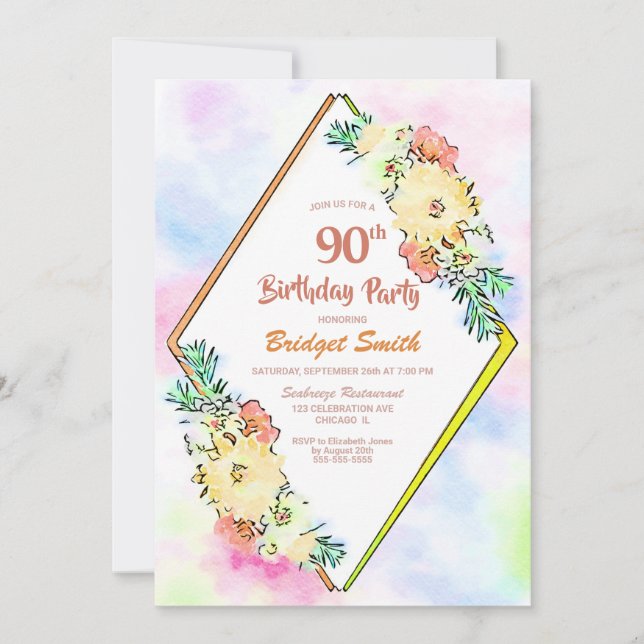 Invitation Aquarelle Jaune Florale 90e fête d'anniversaire (Devant)
