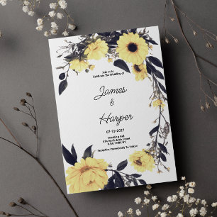 Invitation Aquarelle jaune gris foncé marguerite Mariage