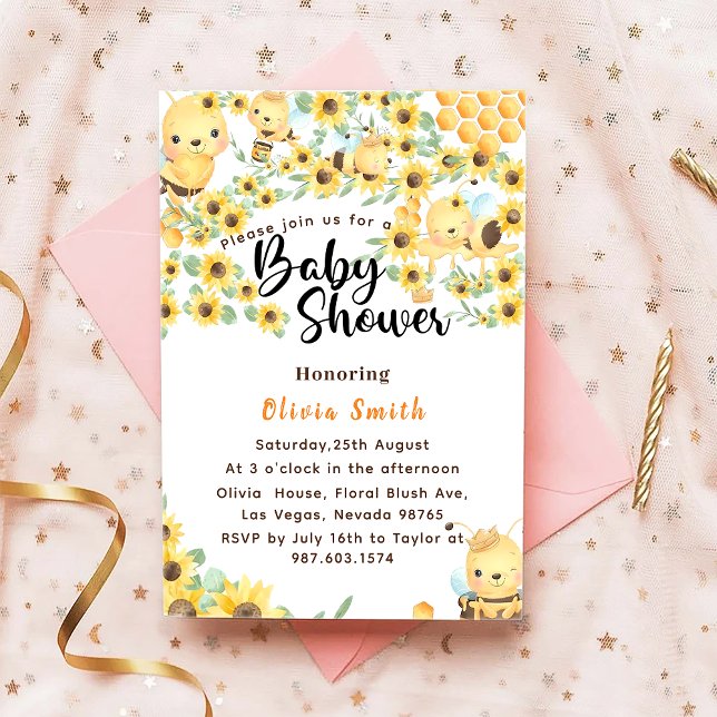 Invitation Aquarelle Jaune Miel Sunflower Bee Baby shower (Créateur téléchargé)