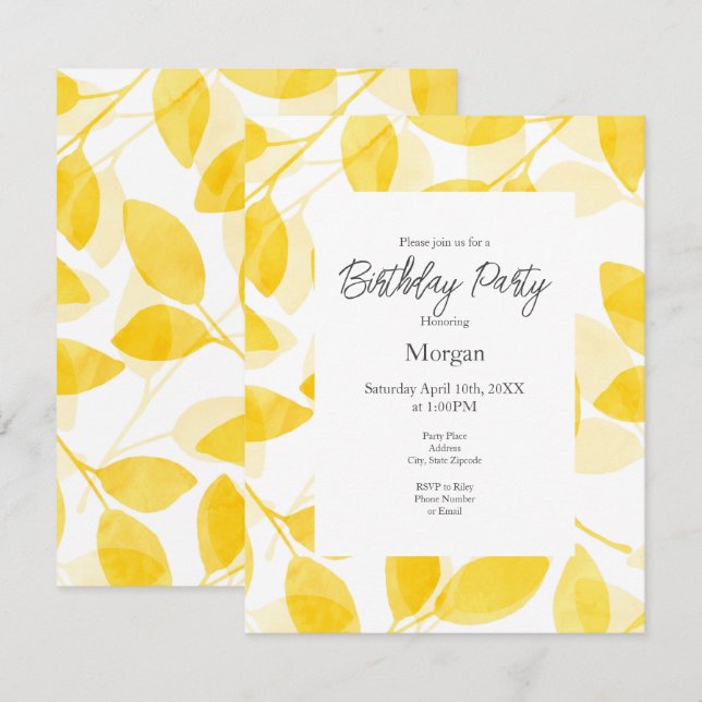 Invitation Aquarelle jaune or Feuilles (Devant / Derrière)