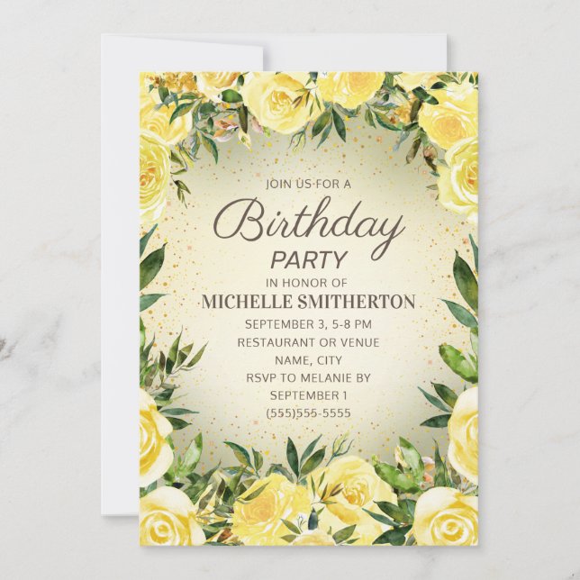 Invitation Aquarelle jaune Parties scintillant florale Adulte (Devant)