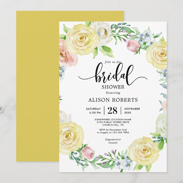 Invitation Aquarelle jaune pastel mariage douche nuptiale (Devant / Derrière)