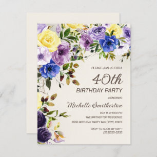 Invitation Aquarelle jaune pourpre Floral 40e anniversaire