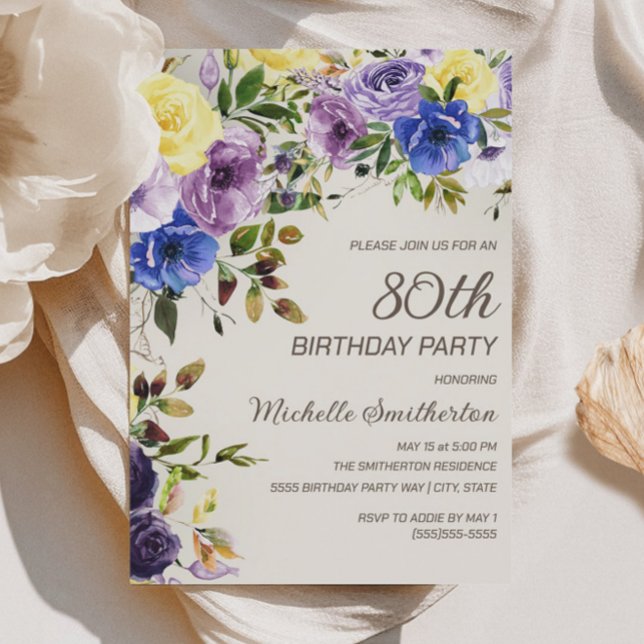 Invitation Aquarelle jaune pourpre Floral 80e anniversaire (Purple and yellow watercolor floral 80th birthday party invitation)